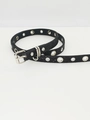Detail of black Y2K belt featuring sparkling sequins, silver buckle and metal eyelets - 103cm(Size S) / 1.8cm Wide/Square Buckle / Black
