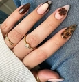 Brown French press-on nails with minimalist flower patterns and leopard print accents - Brown Leopard Floral Combo Style (CW656)