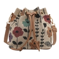 Ethno-Beuteltasche mit Blumenstickerei und braunem PU-Leder-Kordelzugverschluss - Beige Mehrfarbige Blumenstickerei