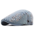 Lichtblauwe denim baret voor dames met bloemen-kattenprint en metalen gesp - Lichtblauw