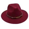 Detail of burgundy wool felt jazz hat with golden feather metal and bead decorations - Wine Red (Gold Feather)