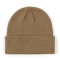 Close-up detail of a soft brown knitted baby beanie hat featuring fine ribbed texture - Khaki