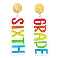 Detail view of Sixth Grade glitter acrylic earrings with golden circular studs - 6-Sixth Grade-Stud