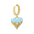Golden heart drop earrings with light blue enamel glaze effect on a white background - Blue