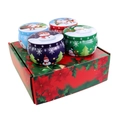 Set of four 4.4oz Christmas tin cans with Santa and snowman patterns in a gift box - No.24 US Edition Christmas Gift Box (Inc. 4 Empty Tins)
