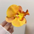 Vibrant yellow spotted orchid hair clip accessory held in hand for size comparison - Orange Red Orchid