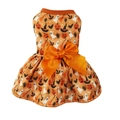 Detail of Halloween pet dress featuring pumpkin prints and a large orange satin bow - S / Top And Bottom / Orange
