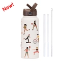 White stainless steel sports bottle with female athlete illustrations and straw set - Ivory White 23D1