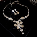 Silver flower necklace and teardrop earring set with shimmering cubic zirconia stones - 59# Necklace-Silver