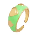 Light green enamel copper ring featuring gold heart-shaped embossments and adjustable band - Neon Green - Embossed Heart
