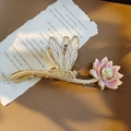 Elegant gold metal hair claw clip featuring dragonfly and lotus with pearl accents - Vintage Dragonfly Lotus Pearl Claw