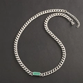 Silver Cuban chain necklace with a green striped rectangular pendant on black background - Necklace / Dark Green
