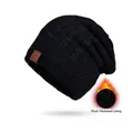 Winter black fleece-lined knit beanie for women with ear protection and sport label - Black