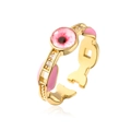 Nahaufnahme von 18K vergoldetem Ring mit rosa Emaille-Auge und Zirkonia-Details - Einstellbar Offen / Rosa (13011)