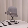 Elegant grey faux mink fur bucket hat for women featuring pearl butterfly brooch - Pearl Ring / Gray
