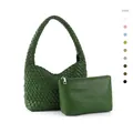 Deep green hand-woven tote bag with matching leather pouch set for women fashion - Shoulder Bag Set / Forest Green