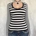 Slim fit long sleeve T-shirt with black and white horizontal stripes and low scoop neck - S / Black Grey Stripe