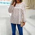 Floral print long sleeve chiffon blouse with delicate lace trim and ruffle details - S / White
