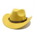 Detail of yellow wool felt cowboy hat with ethnic woven band and metal buckle accents - M (56-58cm) / Yellow