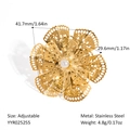 Anillo ajustable de acero inoxidable dorado 18K con flor de camelia calada y perla - Estilo de Flor Hueca de Varias Capas Con Media Perla (YYR025255) / Abierto Ajustable