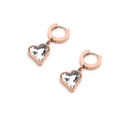 Detailed close-up of rose gold heart earrings with sparkling inlaid crystals and metal clasp - Rose Gold White Zirconia