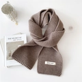 Thick taupe ribbed knit scarf for winter with woven rectangular letter label detail - Coffee
