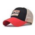 Detail of mesh trucker hat with mountain patch and red visor showing breathable design - Adjustable / Red and Black Color Matching (Red Black Mountain)
