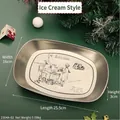 Silver oval stainless steel snack tray with vintage ice cream truck engraving - Ice Cream Style