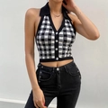 Gilet in maglia a scollo all'americana con motivo a scacchi bianco e nero e colletto - Taglia S / Plaid Nero
