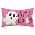 Pink Halloween pillow cover with white ghost cartoon and HEY BOO lettering on linen fabric - Style 03-Pink HEY BOO Letter
