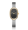 Elegant gold oval quartz watch with black dial and silver textured elastic band - Single-Silver Gold Case Black Dial
