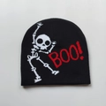 Black knit beanie with white skull pattern and red BOO! text decoration - Black Small Skull Boo
