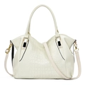 Chic cream white crocodile pattern tote bag with golden hardware and top handles - White
