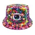 Detail eines bunten Fischerhutes mit psychedelischem Augen-Grafik und Blumenmustern - M (56-58cm) / Lila Brille