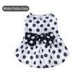 Cute white polka dot pet dress with a large navy blue bow and metal leash D-ring - S / Navy Blue Polka Dots