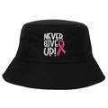 Schwarzer Anglerhut aus Baumwolle mit rosa Schleifen-Stickerei und Never Give Up Text - Fischerhut / Schwarz