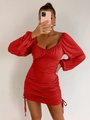 Slim fit red puff sleeve mini dress with ruched details and open back design - XS / Red