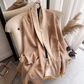 Beige and brown double-sided cashmere scarf with ginkgo leaf patterns and fringe edges - Khaki