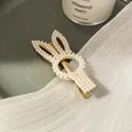 Golden bunny hair clip with white pearls and duckbill clamp, 7.5cm length design - Rabbit Duckbill Clip