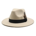 Classic beige wool fedora hat with black decorative band and feather accessory on white background - Beige