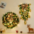 Christmas wreath and drop swag set with warm LED lights and gold festive ornaments - Style C Set With LED Lights