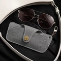 Gray litchi leather sunglasses pouch with gold flower snap and metal clip chain - Elephant Grey 936