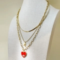 Ensemble de colliers superposés en acier doré avec pendentif cœur œil protecteur - Or (Pendentif Cœur Rouge)