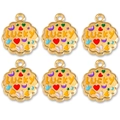 Set of six gold-plated LUCKY biscuit pendants with colorful enamel hearts and stars - Yellow