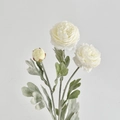 Artificial Persian Buttercup with two white blooming flowers and a single green bud - White Green