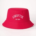 Close-up of red twill cotton bucket hat featuring white SWIFTIE EST. 1989 embroidery - One Size / Red