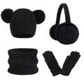 Black 4-piece winter set with cable knit hat, double pom poms, earmuffs, scarf and gloves - Twist Knit Black