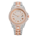 Macro detail of iced-out two-tone business watch featuring date and weekday display - Two-tone Rose Gold