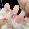 Uñas postizas French aurora verde lima con diseño de frutas en relieve 3D - Estilo de Relieve de Frutas de Verano (D-61) / Tipo de Pegamento