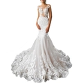 Elegant ivory mermaid lace wedding dress with sheer neckline and long petal train - US 2 / White